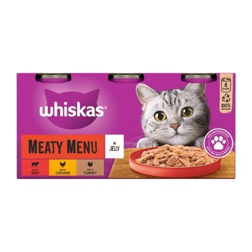 WHISKAS ADULT WET CAT FOOD TINS MEATY IN JELLY 6PK 400G