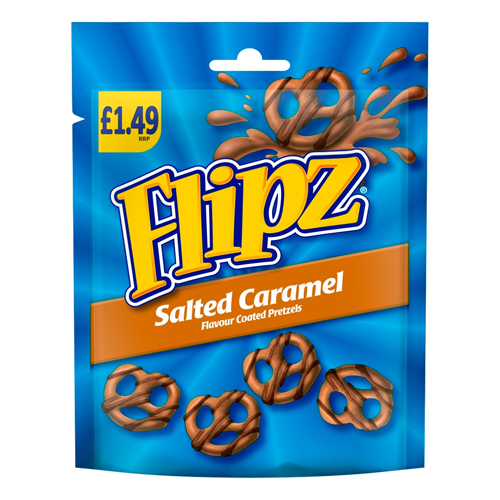 FLIPZ SALTED CARAMEL FLAVOUR COATED PRETZEL SNACKS PMP £1.49 80G