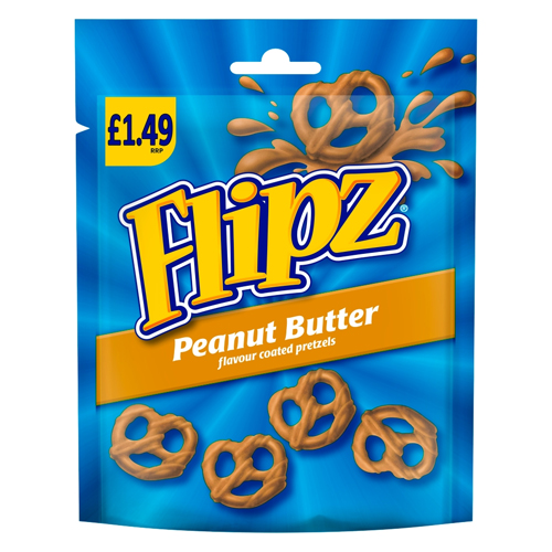 FLIPZ PEANUT BUTTER FLAVOUR COATED PRETZEL SNACKS PMP £1.49 80G