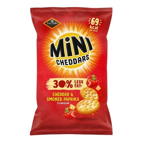JACOB'S MINI CHEDDARS 30% LESS FAT CHEDDAR & SMOKED PAPRIKA SNACKS 115G