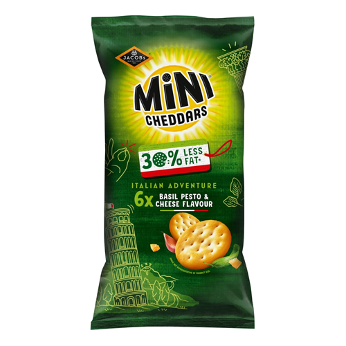 JACOB'S MINI CHEDDARS 30% LESS FAT BASIL PESTO & CHEESE BAKED 6PK 102G