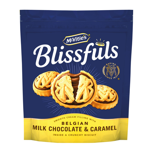 MCVITIE'S BLISSFULS BELGIAN MILK CHOCOLATE & CARAMEL BISCUITS 172G