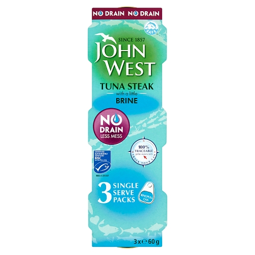 JOHN WEST NO DRAIN TUNA STEAK IN BRINE 3PK 60G