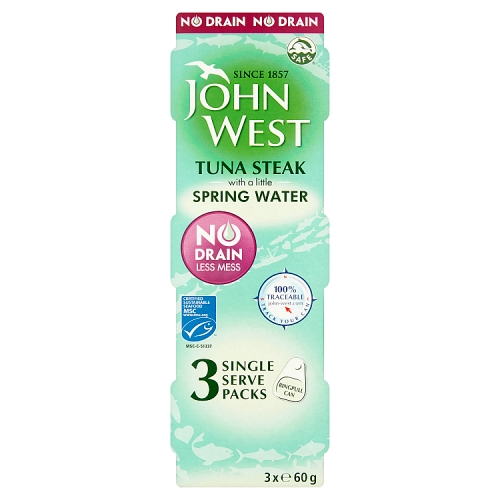 JOHN WEST NO DRAIN TUNA STEAK IN SPRING WATER 3PK 60G
