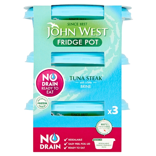 JOHN WEST TUNA STEAK IN BRINE FRIDGE POT 3PK 110G