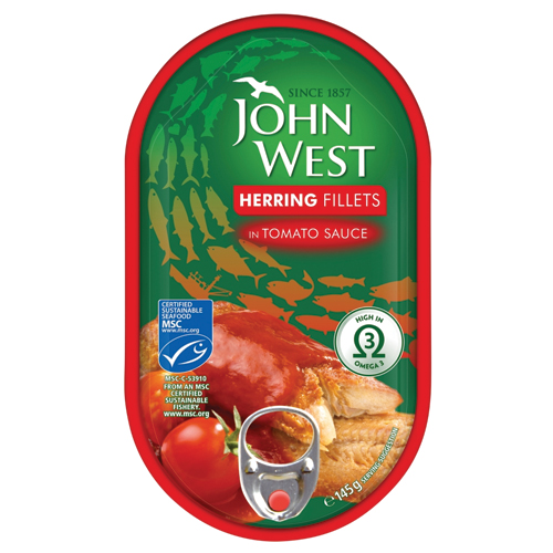 JOHN WEST HERRING FILLETS IN TOMATO SAUCE 145G