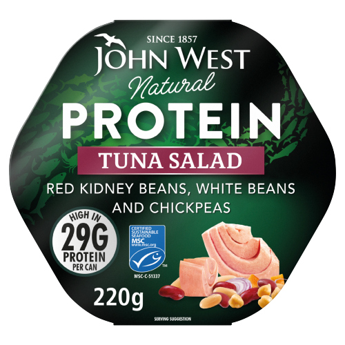 JOHN WEST NATURAL PROTEIN TUNA SALAD WITH RED KIDNEY BEANS, WHITE BEANS AND CHICKPEAS 220G