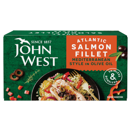 JOHN WEST ATLANTIC SALMON FILLET MEDITERRANEAN STYLE IN OLIVE OIL 115G