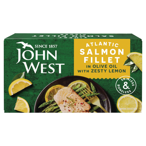 JOHN WEST ATLANTIC SALMON FILLET IN OLIVE OIL WITH ZESTY LEMON 115G