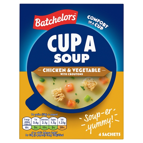 BATCHELORS CUP A SOUP CHICKEN & VEGETABLE WITH CROUTONS 4 SACHETS 110G