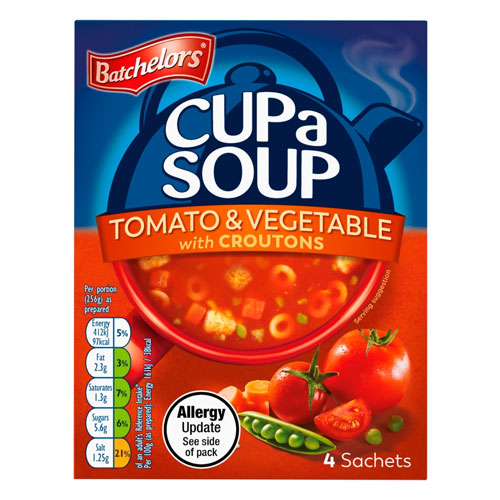 BATCHELORS CUP A SOUP TOMATO & VEGETABLE WITH CROUTONS 4 SACHETS 104G