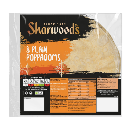 SHARWOOD'S 8 PLAIN POPPADOMS 12X 72G