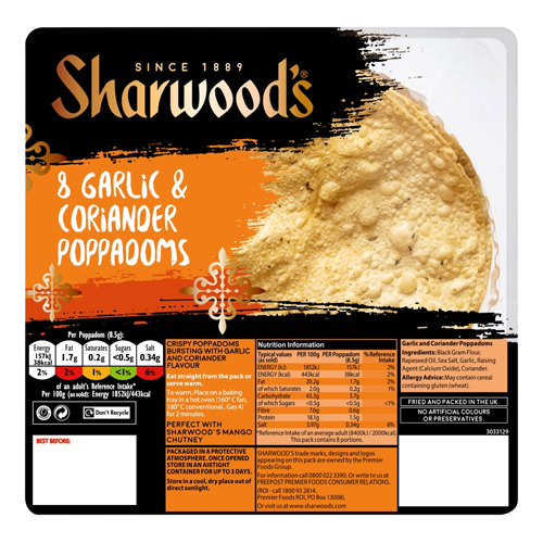 SHARWOOD'S 8 GARLIC & CORIANDER POPPADOMS 72G