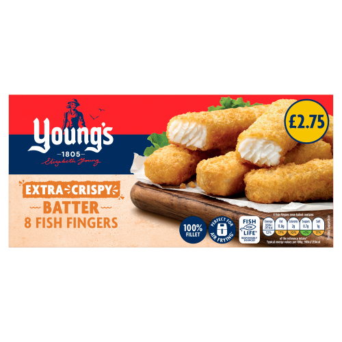 YOUNG'S 8 CRISPY BATTERED FISH FINGERS PMP £2.75 240G