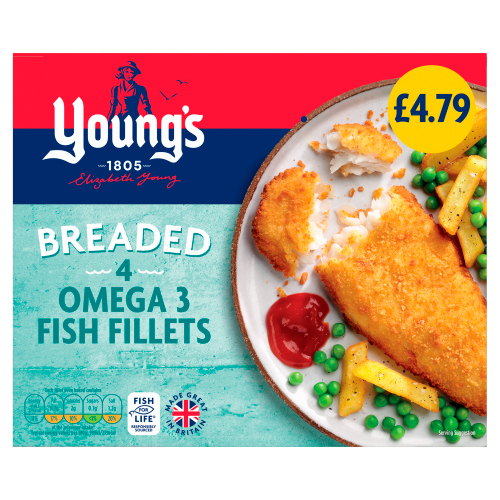 YOUNG'S BREADED 4 OMEGA 3 FISH FILLETS PMP £4.79 400G