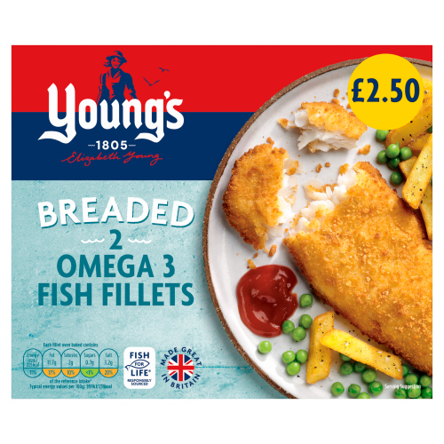 YOUNG'S BREADED 2 OMEGA 3 FISH FILLETS PMP £2.50 200G