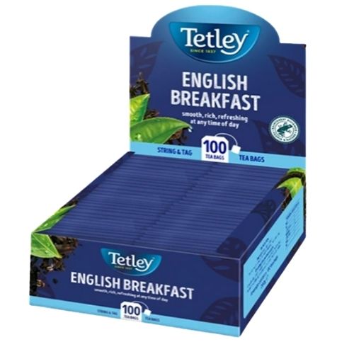 TETLEY ENGLISH BREAKFAST STRING AND TAGGED TEA BAGS 100X 2G