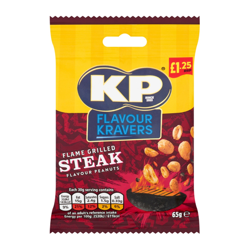 KP FLAVOUR KRAVERS FLAME GRILLED STEAK PEANUTS PMP £1.25 65G