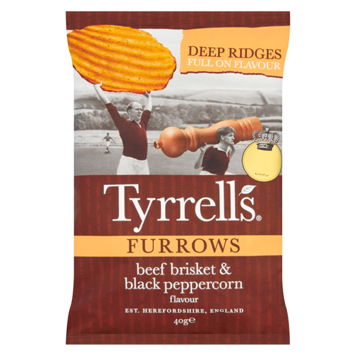 TYRRELLS FURROWS BEEF BRISKET & BLACK PEPPERCORN CRISPS 40G