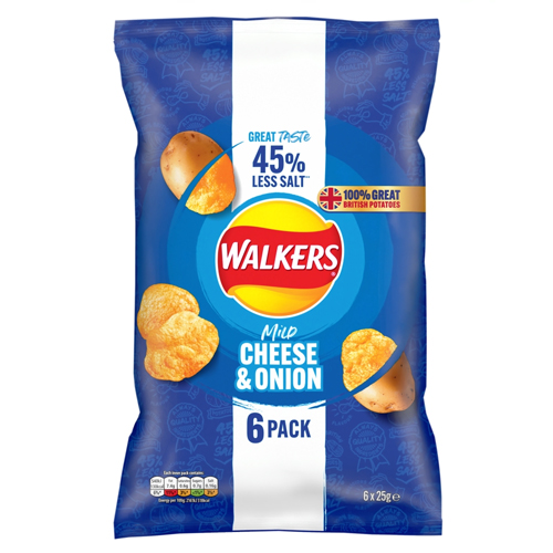 WALKERS LESS SALT MILD CHEESE & ONION CRISPS 6PK 25G
