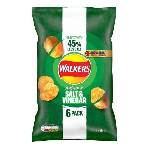 WALKERS LESS SALT A DASH OF SALT AND VINEGAR CRISPS 6PK 25G