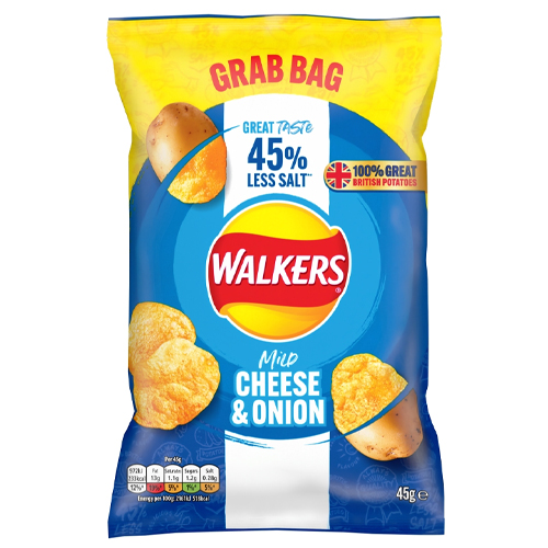 WALKERS LESS SALT MILD CHEESE & ONION CRISPS 45G