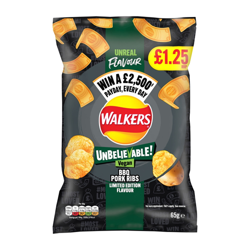 WALKERS BBQ PORK RIBS FLAVOUR VEGAN SHARING BAG CRISPS PMP £1.25 15X 65G
