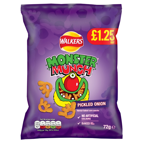 WALKERS MONSTER MUNCH PICKLED ONION CRISPS PMP £1.25 18X 72G