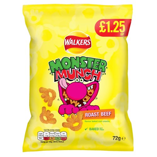 WALKERS MONSTER MUNCH ROAST BEEF SNACKS PMP £1.25 72G