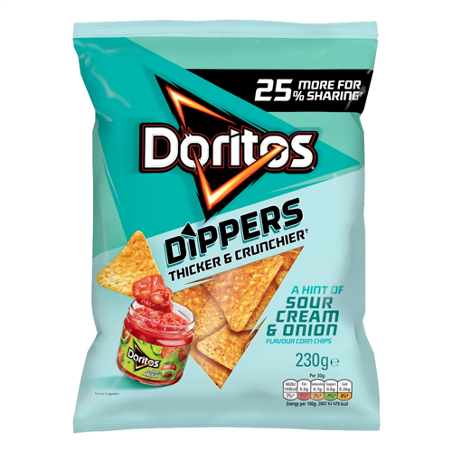 DORITOS DIPPERS HINT OF SOUR CREAM & ONION SHARING TORTILLA CHIPS 230G