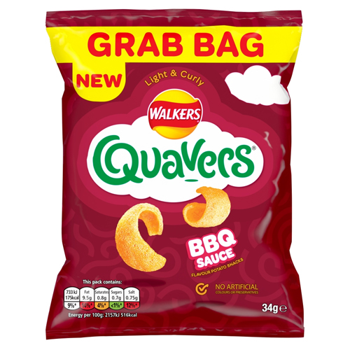 WALKERS QUAVERS BBQ SAUCE SNACKS CRISPS 34G