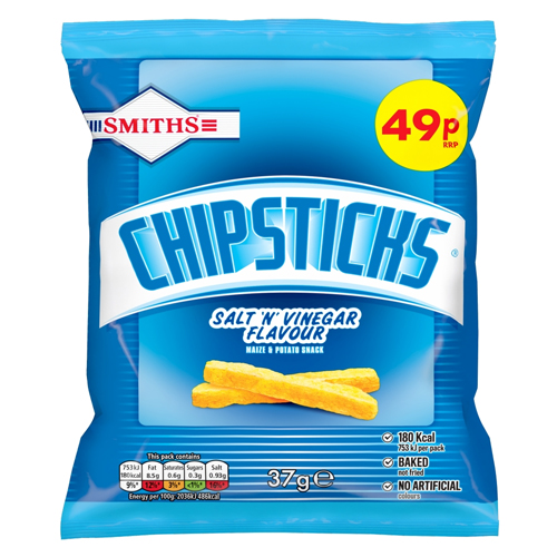 SMITH'S CHIPSTICKS SALT & VINEGAR SNACKS PMP 49P 37G