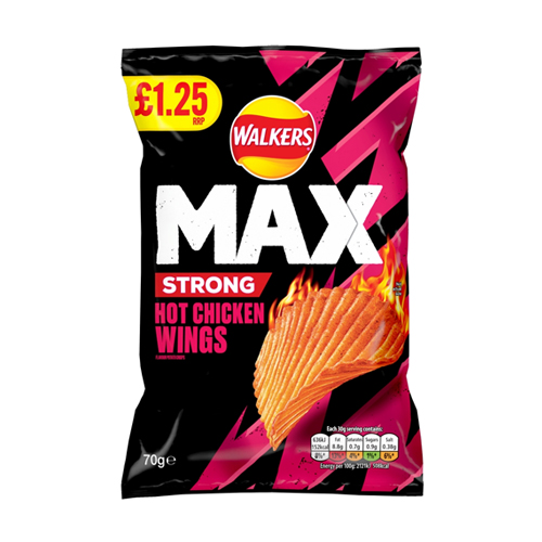 WALKERS MAX STRONG HOT CHICKEN WINGS CRISPS PMP £1.25 70G