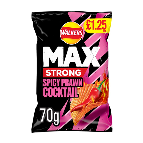 WALKERS MAX STRONG FIERY PRAWN COCKTAIL CRISPS PMP £1.25 70G