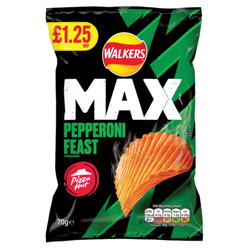 WALKERS MAX PIZZA HUT PEPPERONI FEAST PMP £1.25 70G
