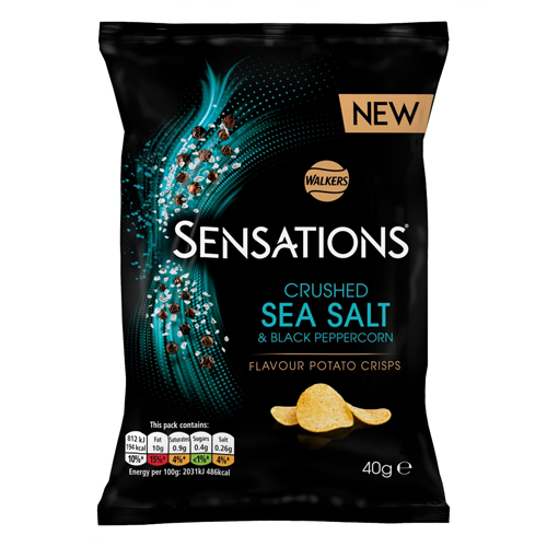 WALKERS SENSATIONS CRUSHED SEA SALT & BLACK PEPPERCORN CRISPS 40G