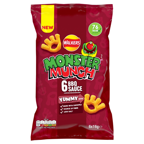 WALKERS MONSTER MUNCH BBQ SAUCE CHICKPEA CRISPS 6PK 16G