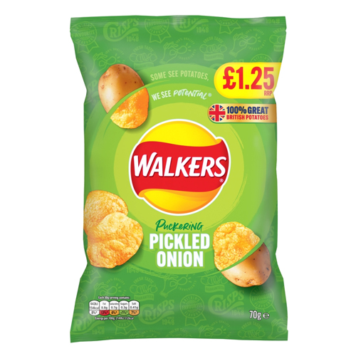 WALKERS PICKLED ONION SHARING CRISPS PMP £1.25 70G