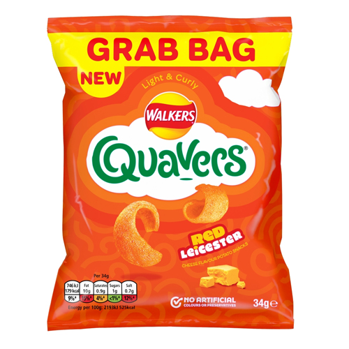 WALKERS QUAVERS RED LEICESTER CHEESE GRAB BAG CRISPS 34G