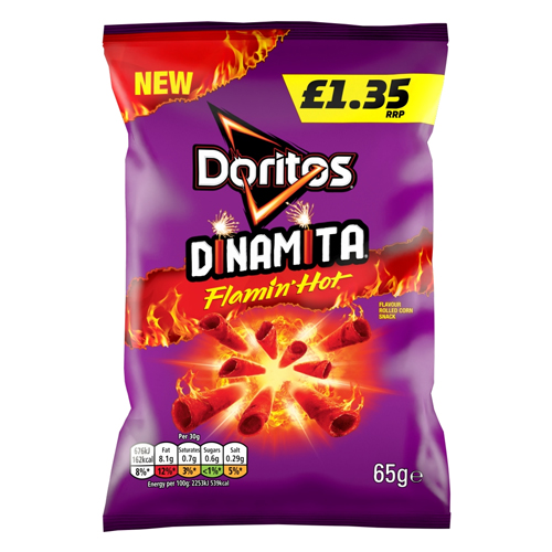 DORITOS DINAMITA EXTRA FLAMIN’ HOT CRISPS PMP £1.35 65G