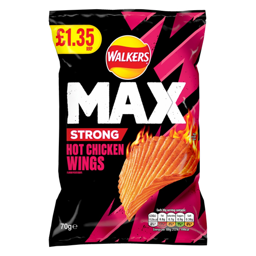 WALKERS MAX STRONG HOT CHICKEN WINGS CRISPS PMP £1.35 70G