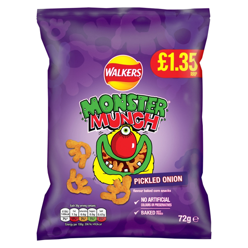 WALKERS MONSTER MUNCH PICKLED ONION CRISPS PMP £1.35 18X 72G