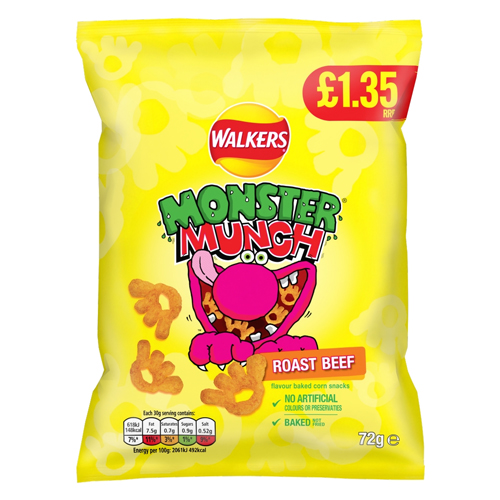 WALKERS MONSTER MUNCH ROAST BEEF CRISPS PMP £1.35 18X 72G