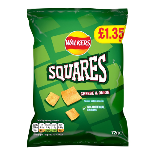 WALKERS SQUARES CHEESE AND ONION SNACKS PMP £1.35 18X 72G