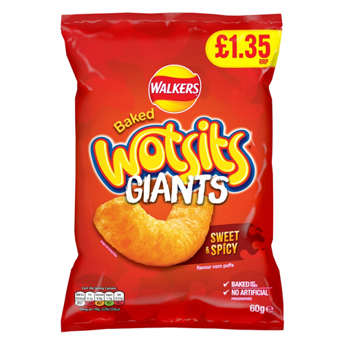 WALKERS WOTSITS GIANTS SWEET & SPICY FLAMIN' HOT PMP £1.35 60G