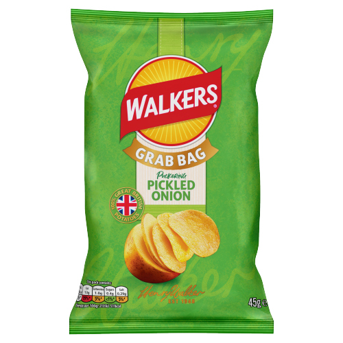 WALKERS SNACKS PICKLED ONION GRAB BAG CRISPS NHFSS 45G