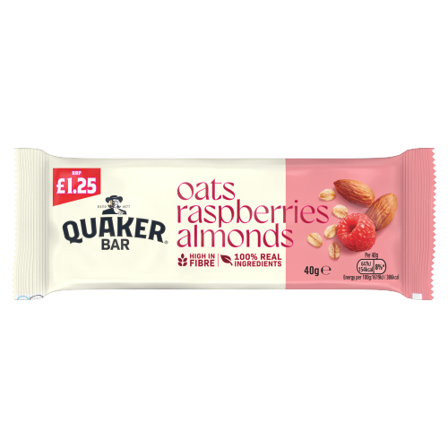 QUAKER OAT CEREAL BAR WITH RASPBERRY & ALMONDS PMP £1.25 40G