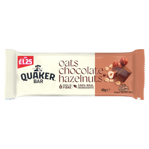 QUAKER OAT CEREAL BAR WITH CHOCOLATE & HAZELNUTS PMP £1.25 40G