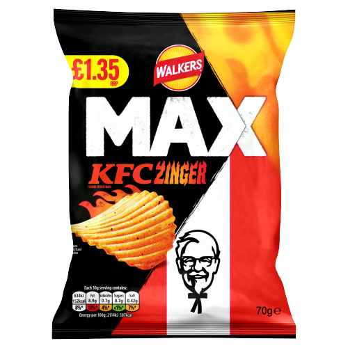 WALKERS MAX KFC ZINGER CHICKEN CRISPS PMP £1.35 70G