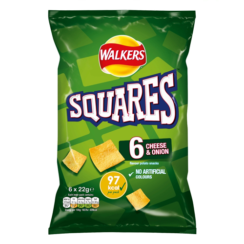 WALKERS SQUARES CHEESE & ONION CRISPS 6PK 22G